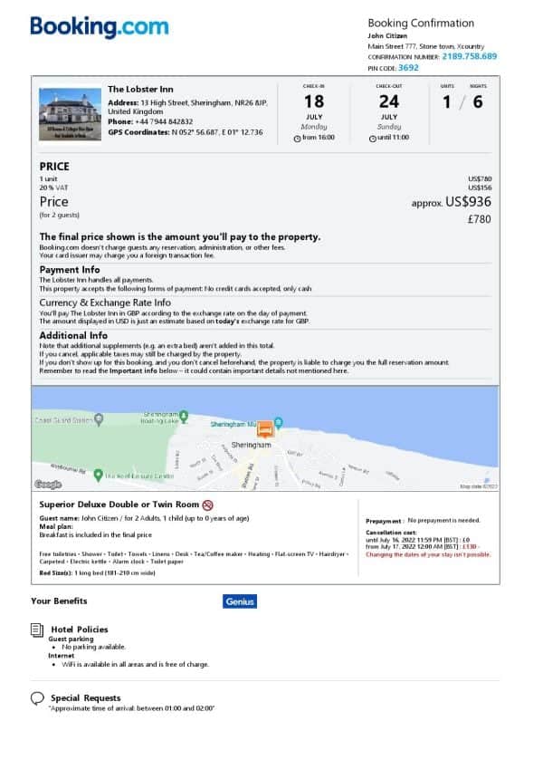 United Kingdom hotel booking confirmation Word and PDF template, 2 pages