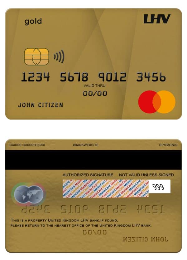 Editable United Kingdom LHV bank mastercard gold credit card Templates