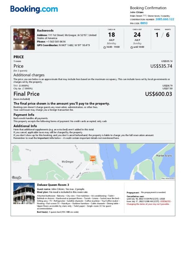 United States of America hotel booking confirmation Word and PDF template, 2 pages