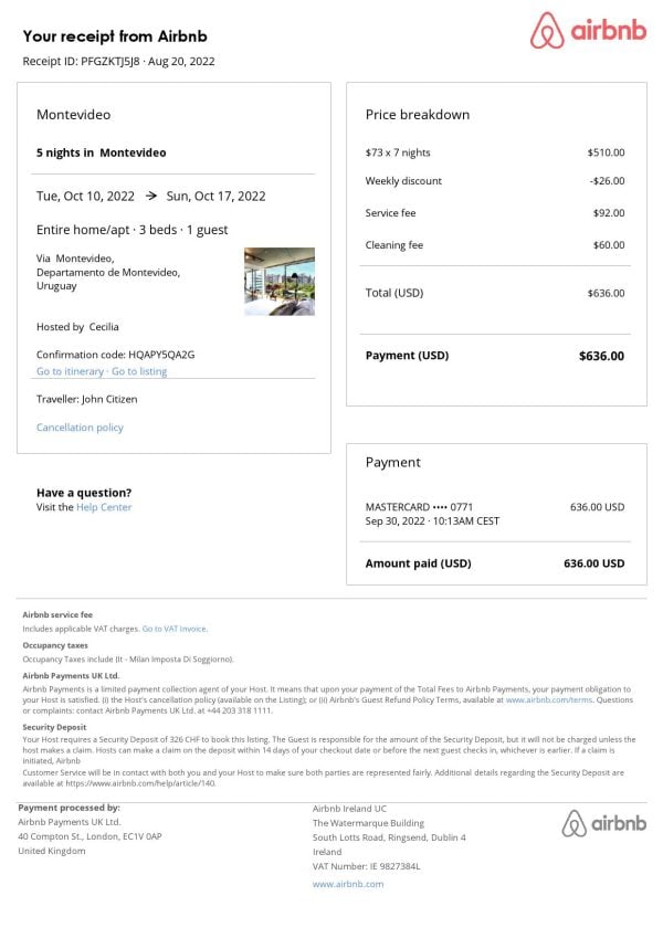 Uruguay Airbnb booking confirmation Word and PDF template Uruguay Airbnb booking confirmation Word and PDF template