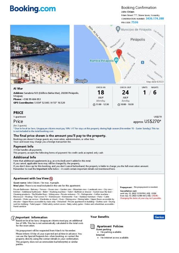 Uruguay hotel booking confirmation Word and PDF template, 2 pages