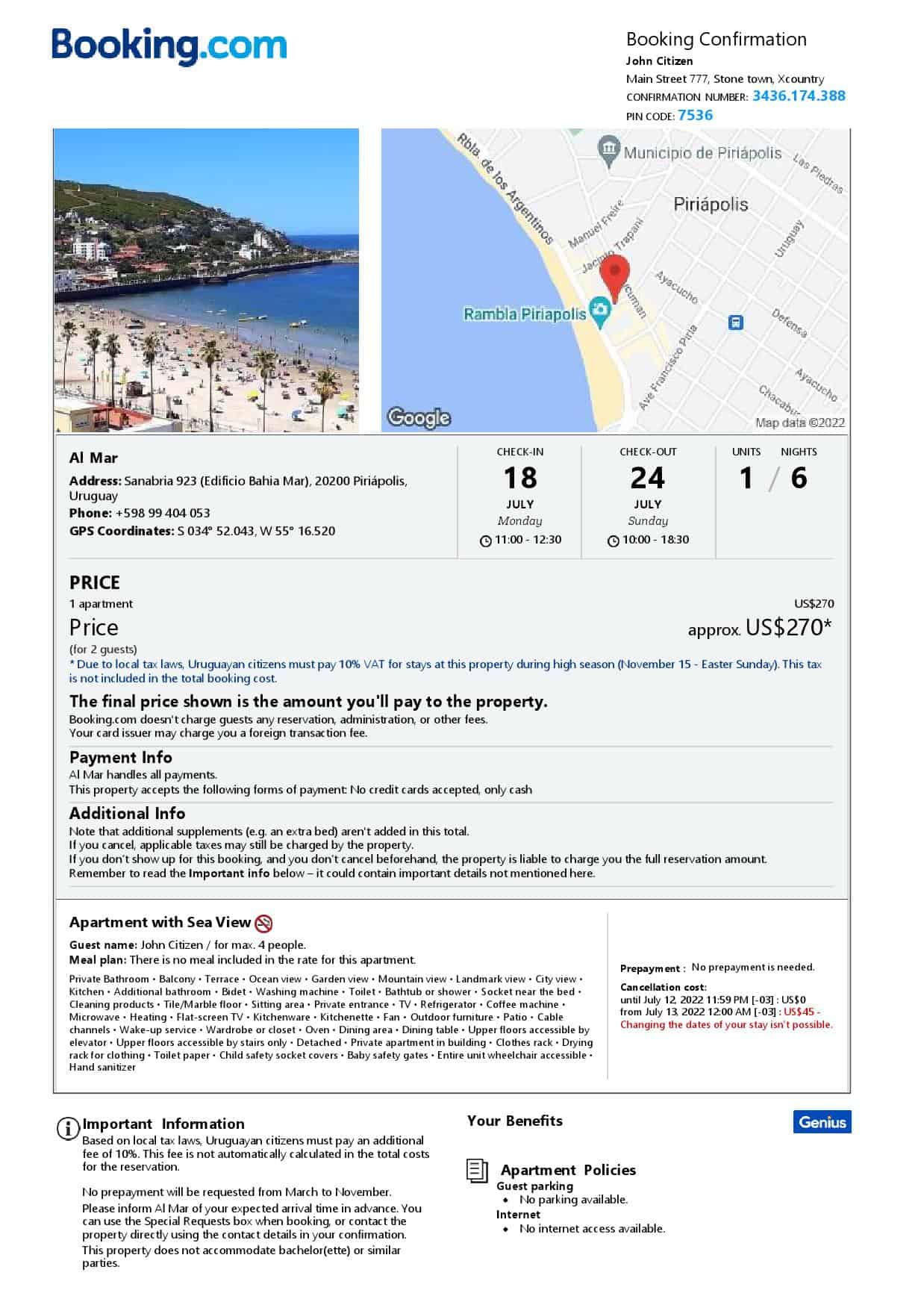Uruguay hotel booking confirmation Word and PDF template, 2 pages Uruguay hotel booking confirmation Word and PDF template, 2 pages