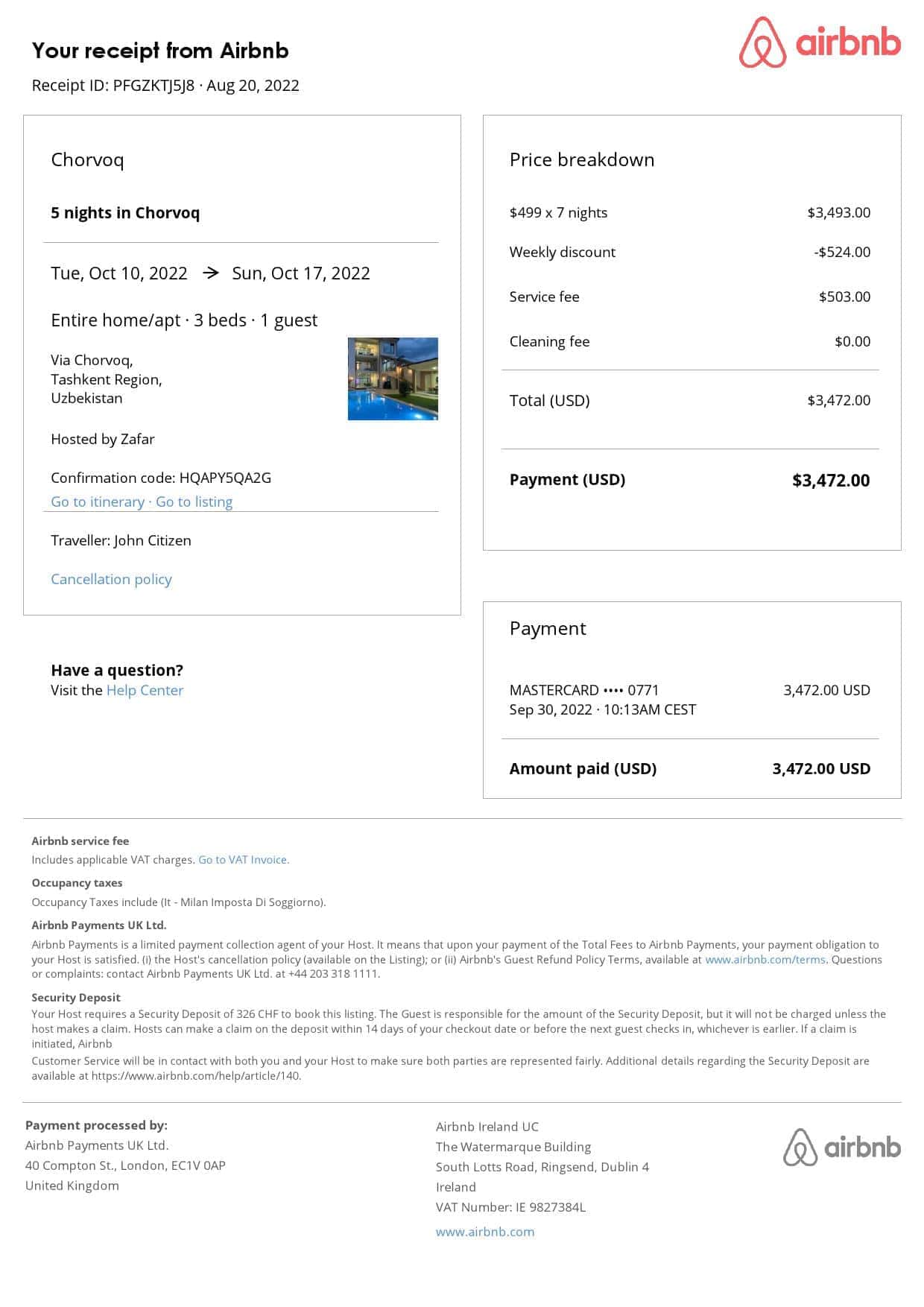 Uzbekistan Airbnb booking confirmation Word and PDF template Uzbekistan Airbnb booking confirmation Word and PDF template