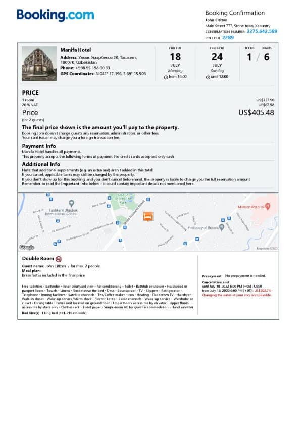 Uzbekistan hotel booking confirmation Word and PDF template, 2 pages