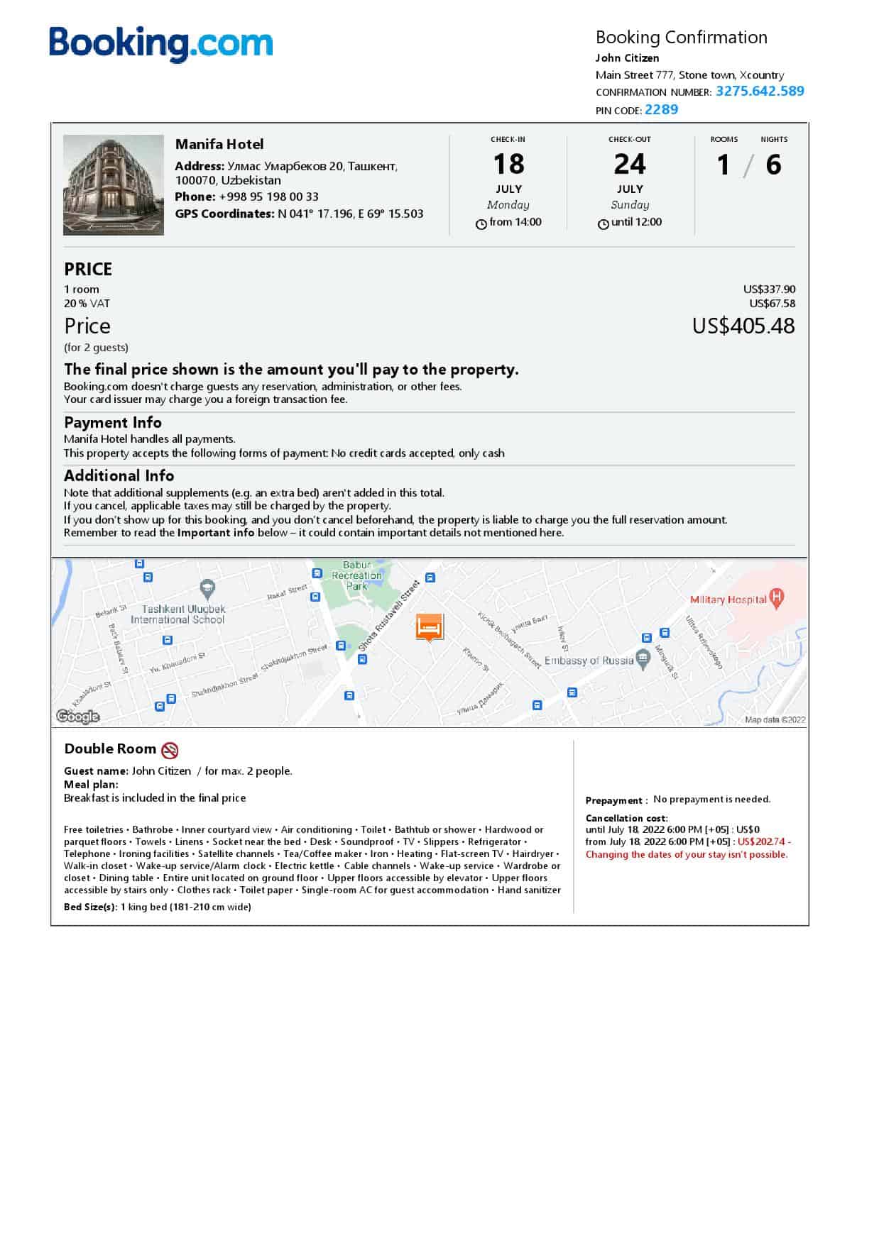 Uzbekistan hotel booking confirmation Word and PDF template, 2 pages Uzbekistan hotel booking confirmation Word and PDF template, 2 pages