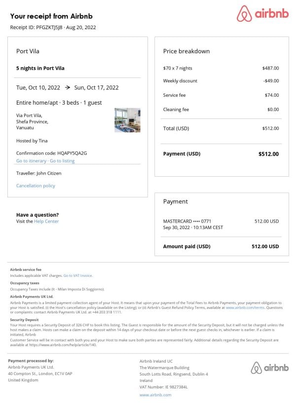 Vanuatu Airbnb booking confirmation Word and PDF template Vanuatu Airbnb booking confirmation Word and PDF template