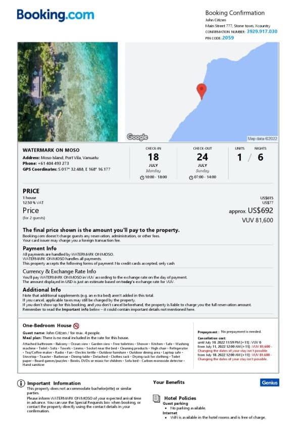 Vanuatu hotel booking confirmation Word and PDF template, 2 pages