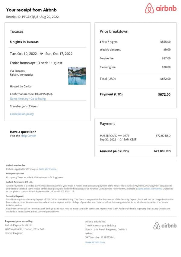Venezuela Airbnb booking confirmation Word and PDF template Venezuela Airbnb booking confirmation Word and PDF template