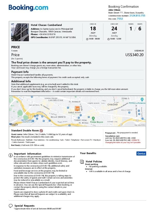 Venezuela hotel booking confirmation Word and PDF template, 2 pages