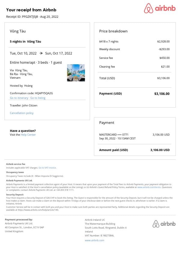 Vietnam Airbnb booking confirmation Word and PDF template Vietnam Airbnb booking confirmation Word and PDF template