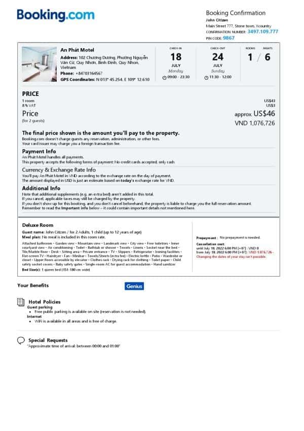 Vietnam hotel booking confirmation Word and PDF template, 2 pages
