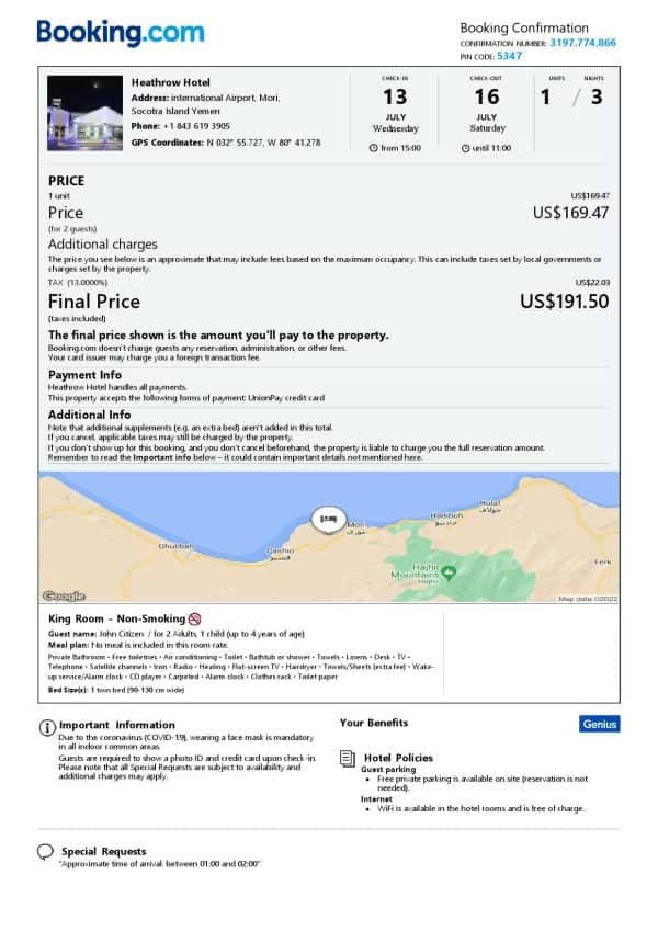 Yemen hotel booking confirmation Word and PDF template, 2 pages