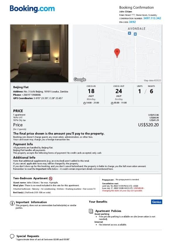 Zambia hotel booking confirmation Word and PDF template, 2 pages