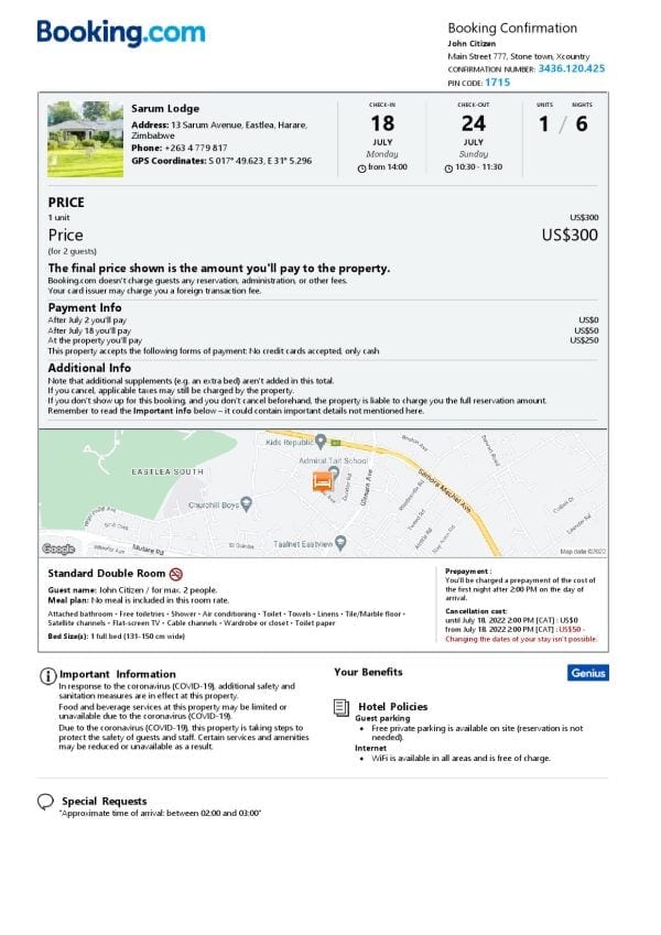 Zimbabwe hotel booking confirmation Word and PDF template, 2 pages