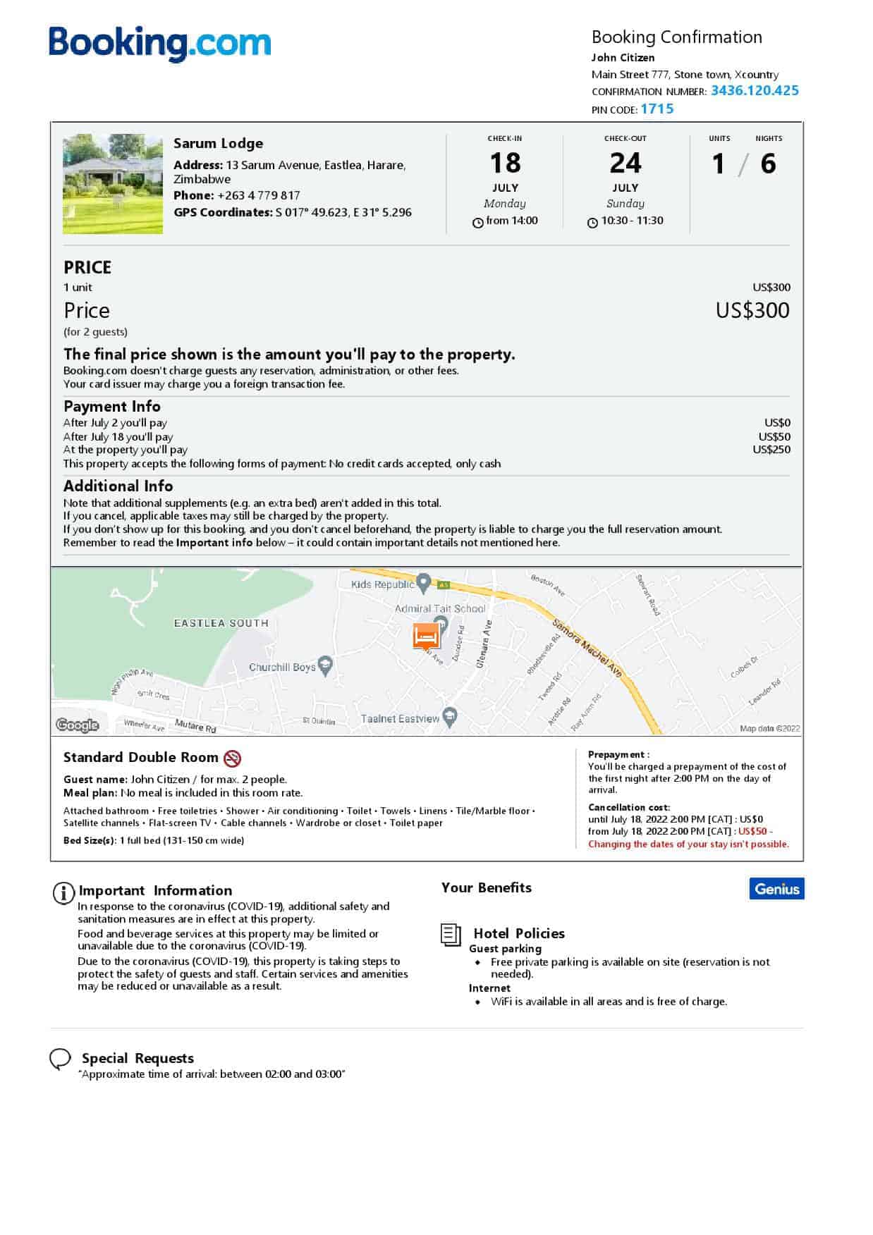 Zimbabwe hotel booking confirmation Word and PDF template, 2 pages Zimbabwe hotel booking confirmation Word and PDF template, 2 pages