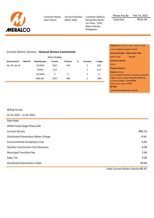 Philippines Manila Electric Company (Meralco) Electricity Utility Bill Free Template Philippines Manila Electric Company (Meralco) Electricity Utility Bill Free Template
