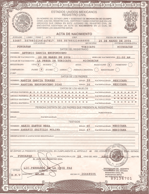 Fake Mexico Birth Certificate Psd Template