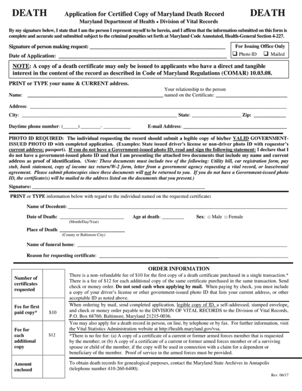 Fake USA Maryland Death Certificate Word Template