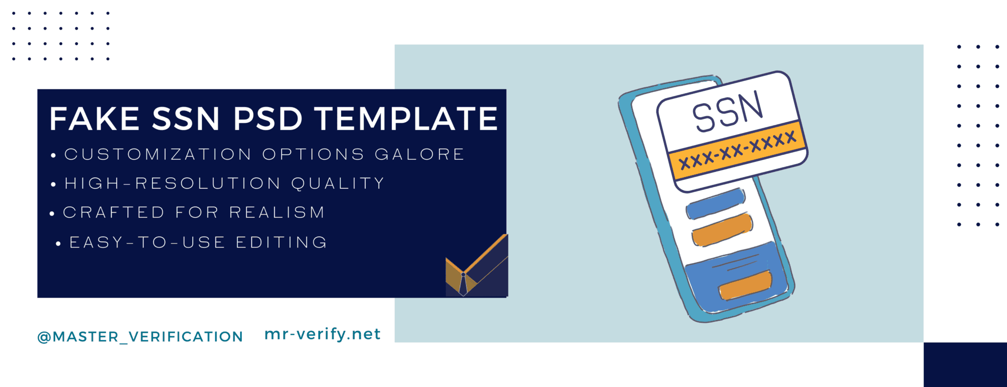 Promotional graphic for a Fake SSN PSD Template featuring design highlights such as customization options, high-resolution quality, realism, and ease of use. The graphic includes a visual representation of a mobile device displaying an SSN card and the website URL 'macdoc.cx' with a social media handle '@MASTER_VERIFICATION