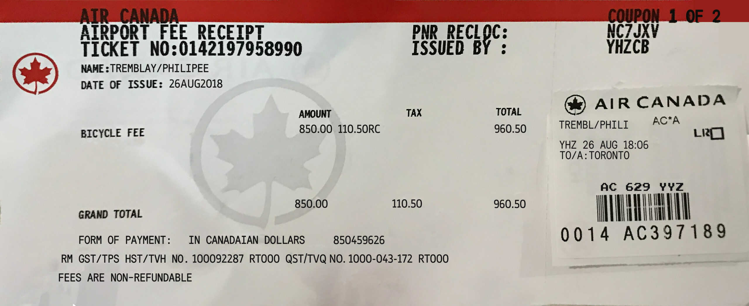 Fake Air Canada Airline Ticket