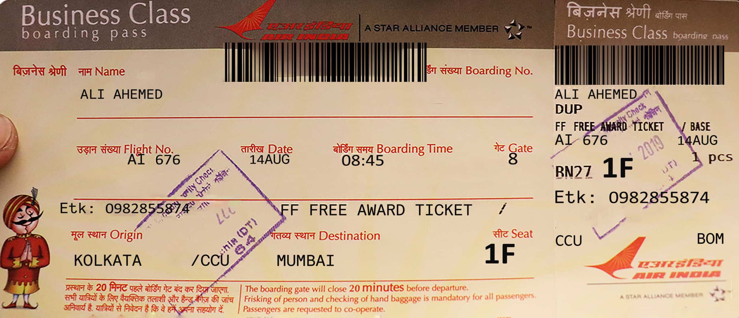 Fake Air India business class Airline Ticket