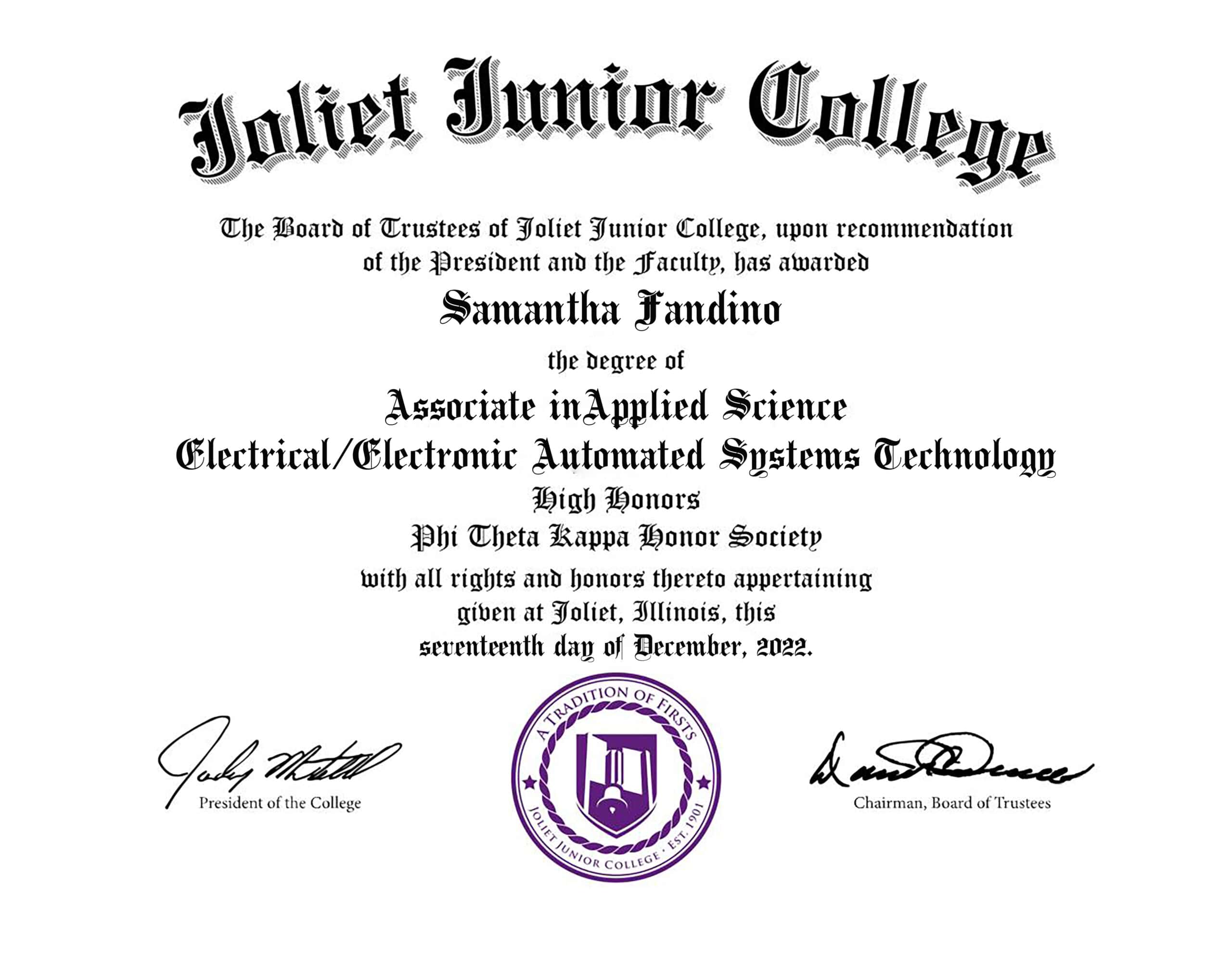 Authentic-Looking Fake Associate in Applied Science from Joliet Junior College