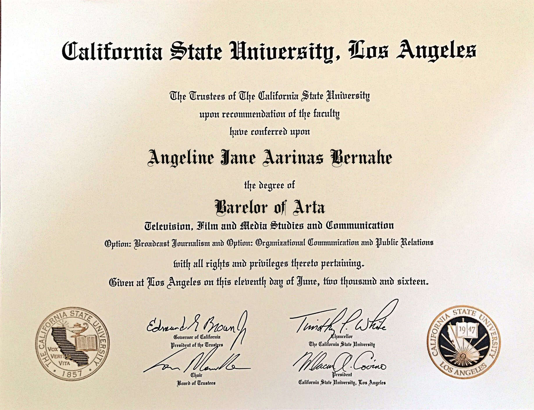 Authentic-Looking Fake Barelor of Arta from California State losangeles University