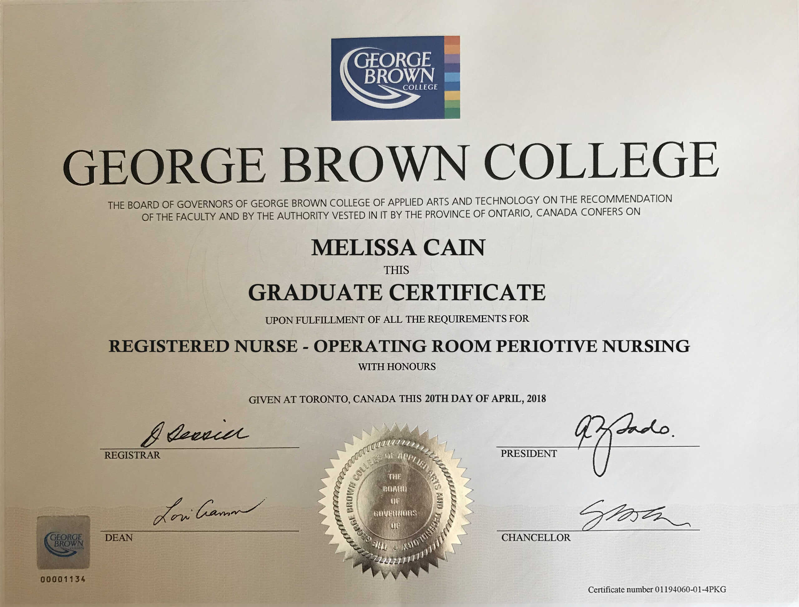 Authentic-Looking Fake Graduate Certificate from George Brown College