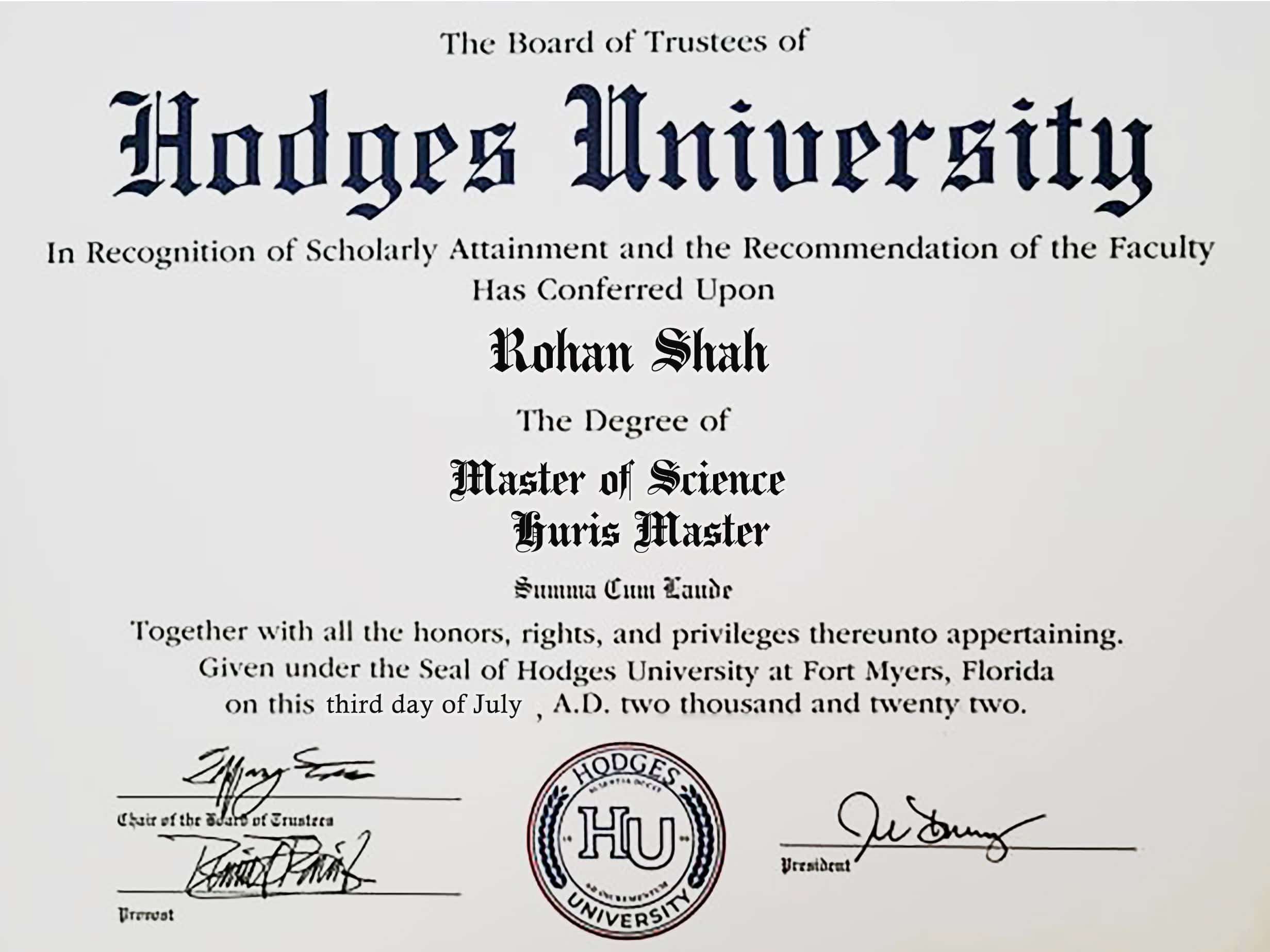 Authentic-Looking Fake Master of Science from Hodges University