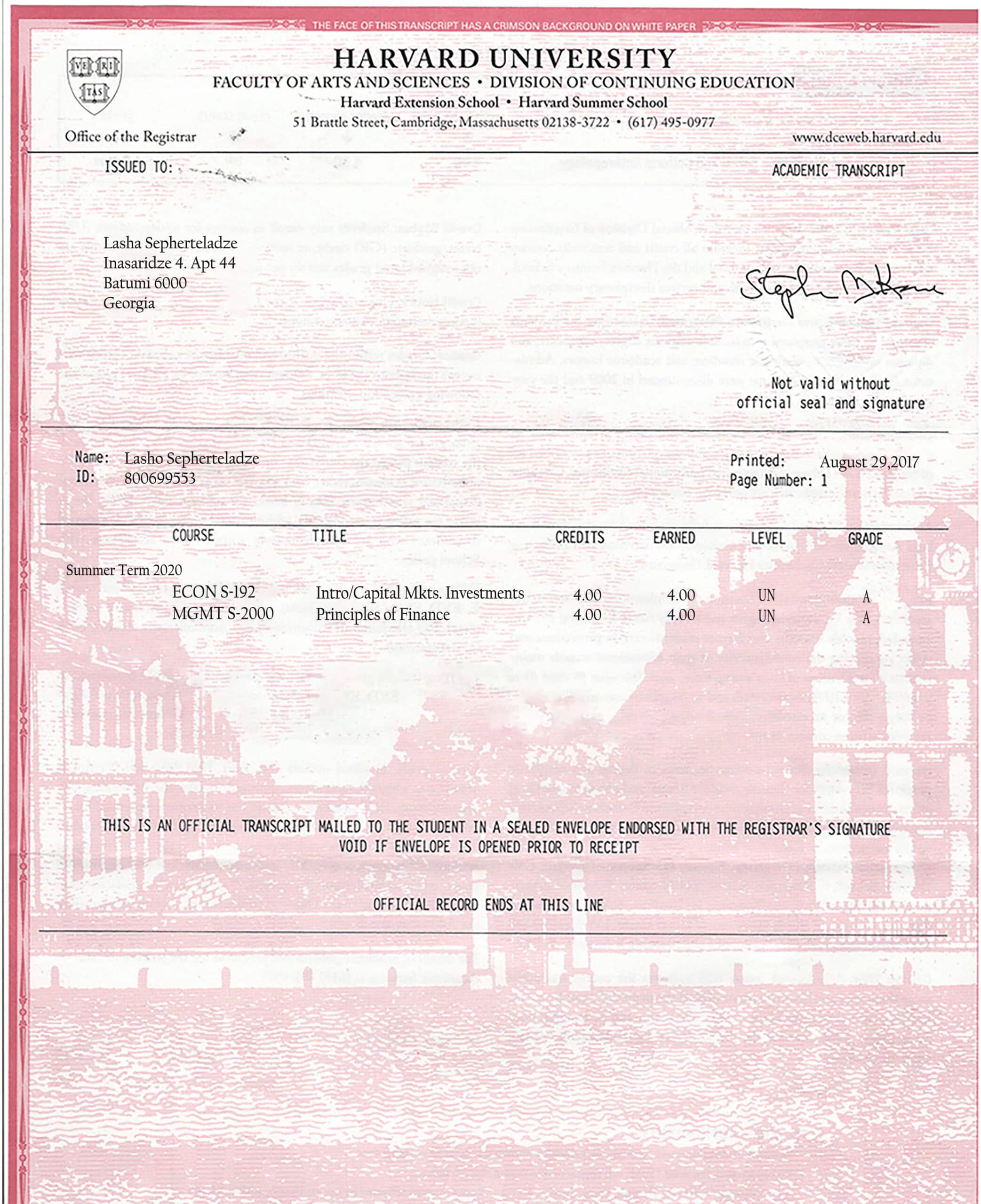 Authentic-Looking Fake Transcripts from Harvard University