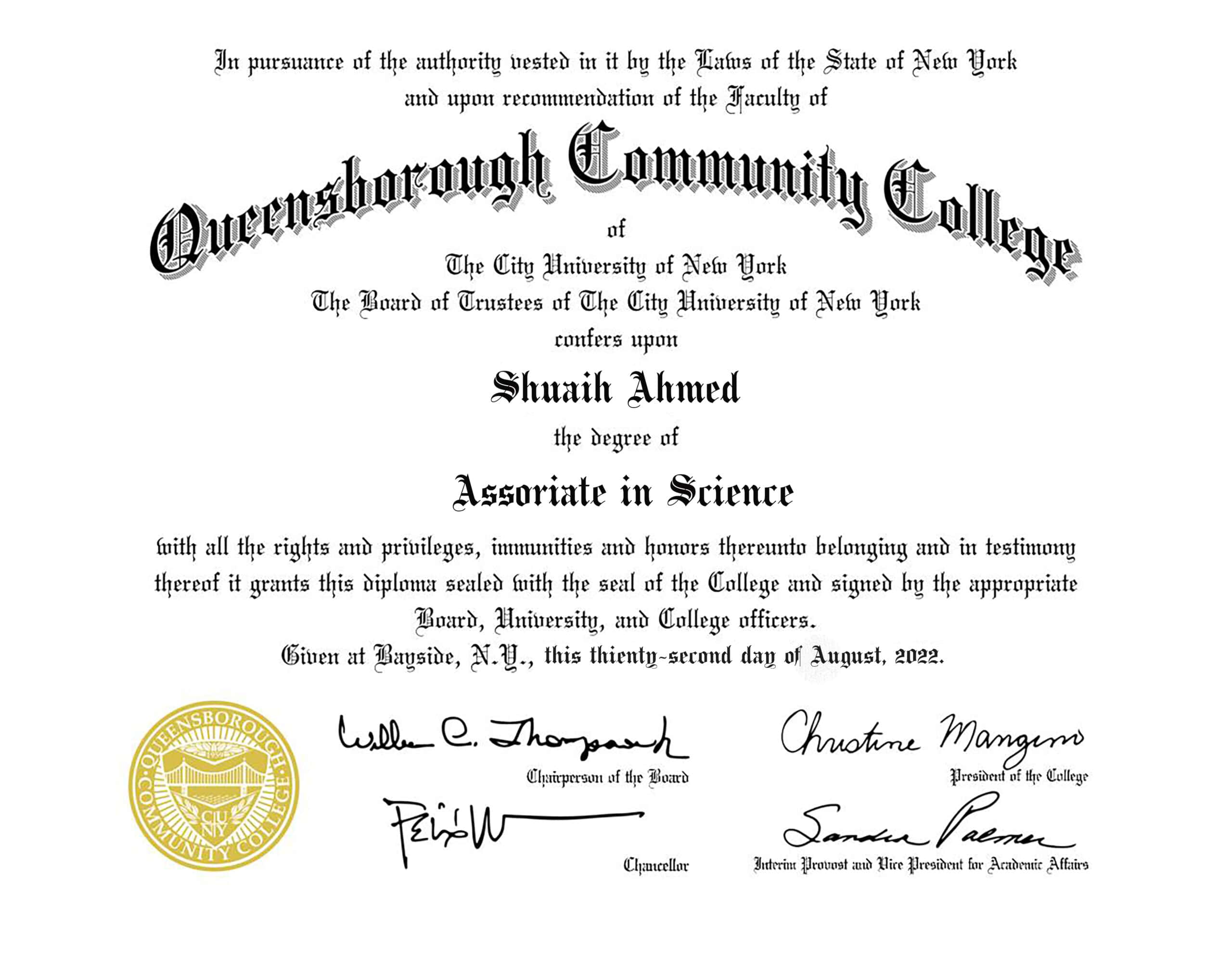Authentic-Looking Fake certificate from Queens Borough Community College
