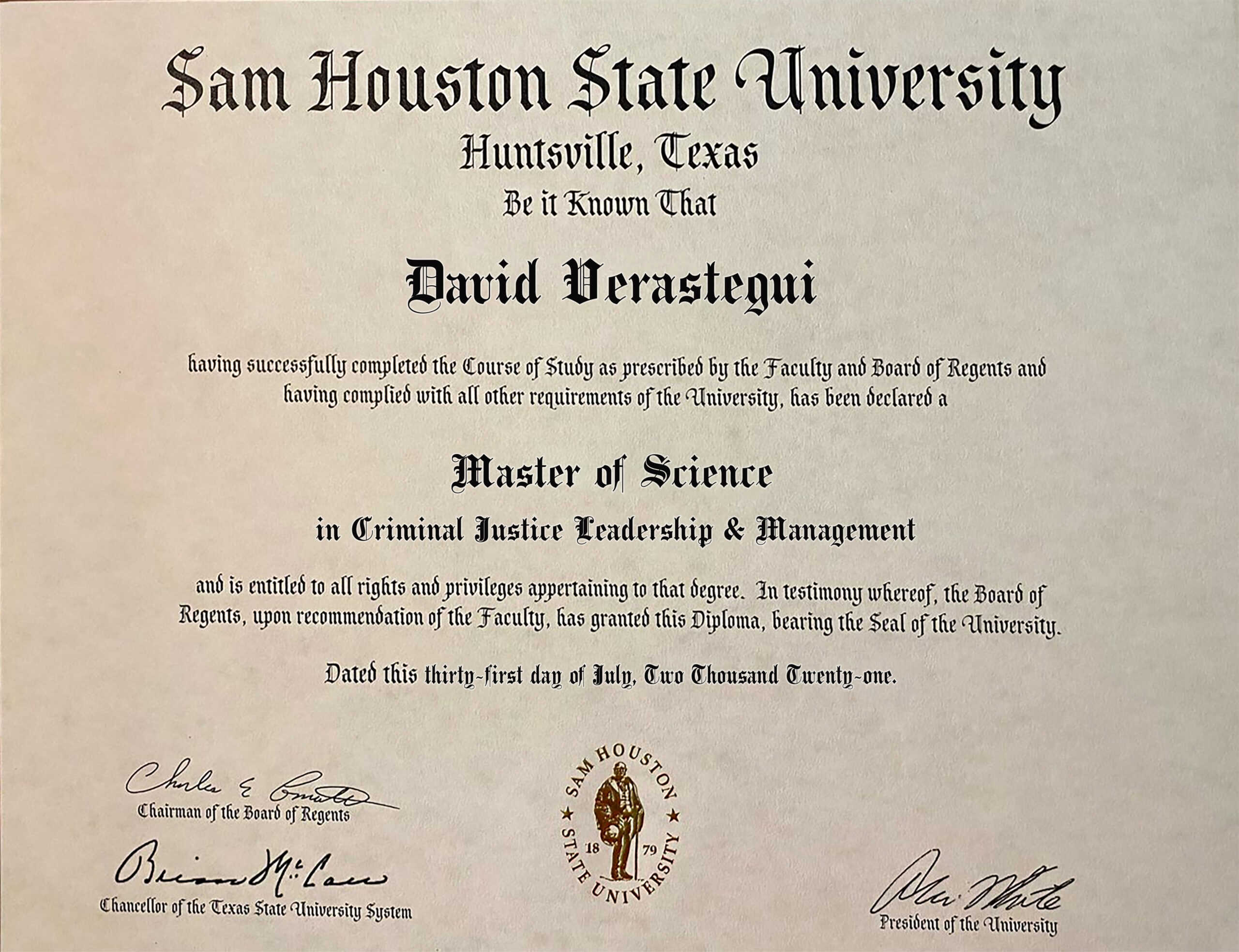 Authentic-Looking Fake certificate from Sam Houston State University
