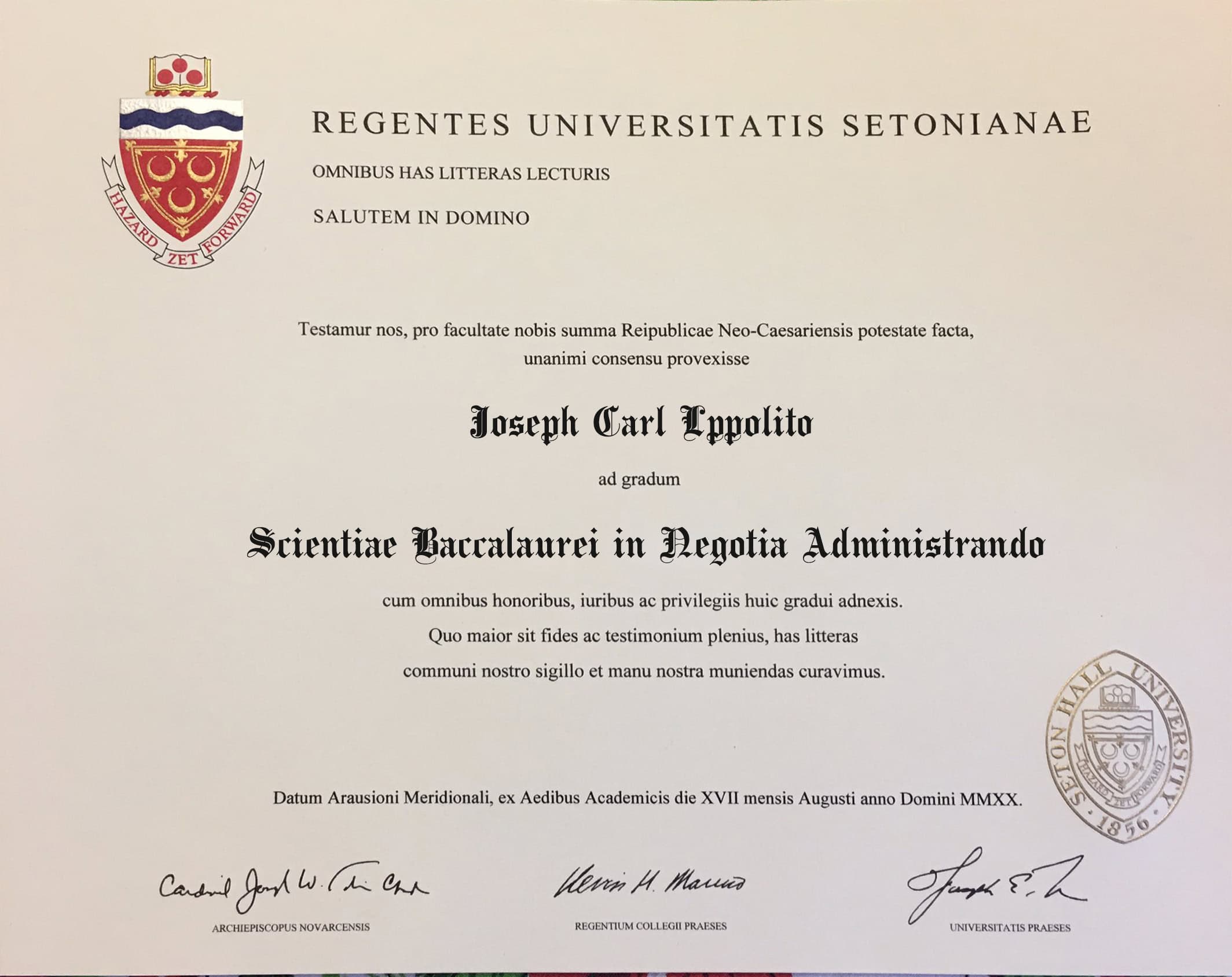 Authentic-Looking Fake certificate from Seton Hall University