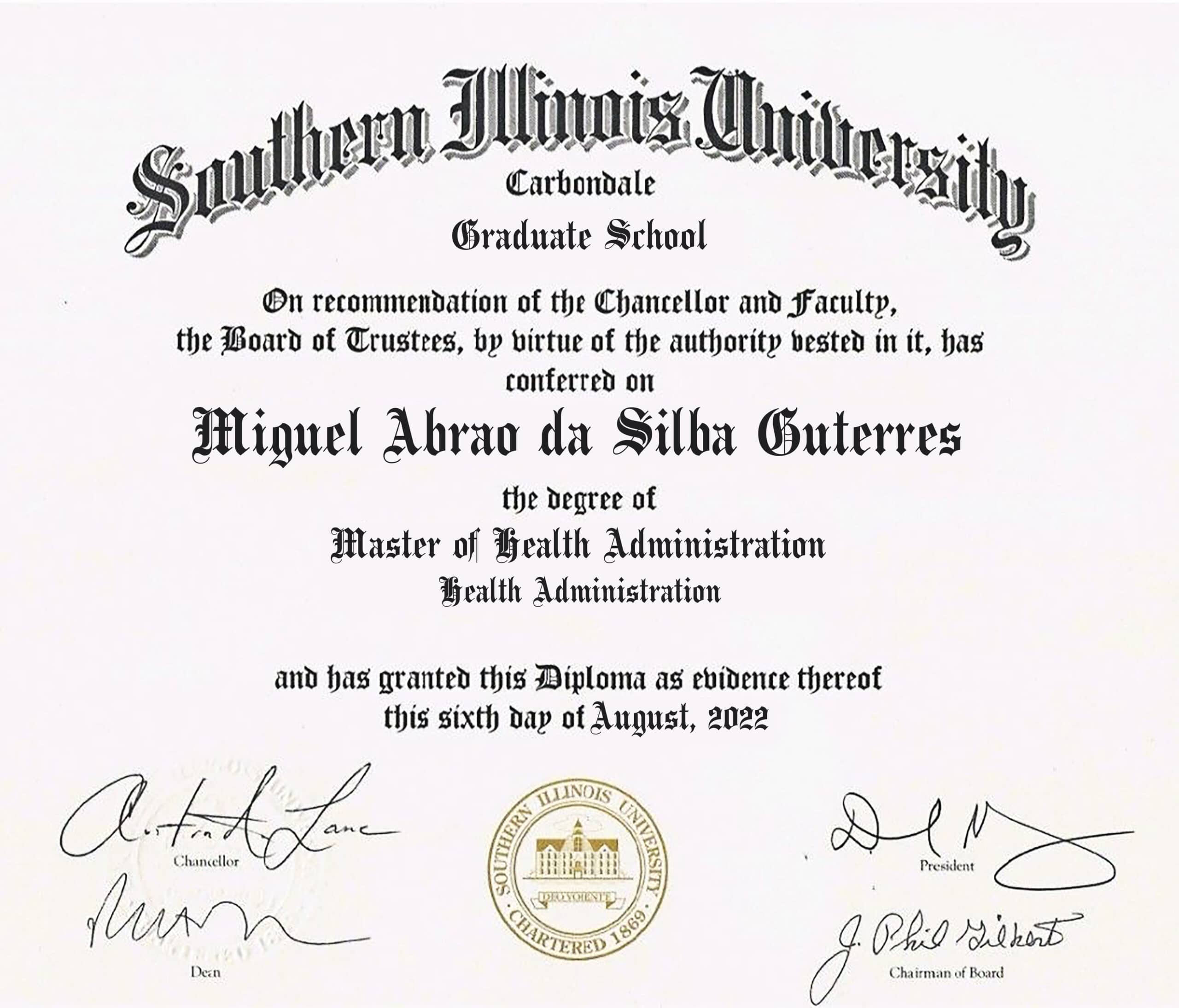 Authentic-Looking Fake certificate from Southern Illinois University Carbondale