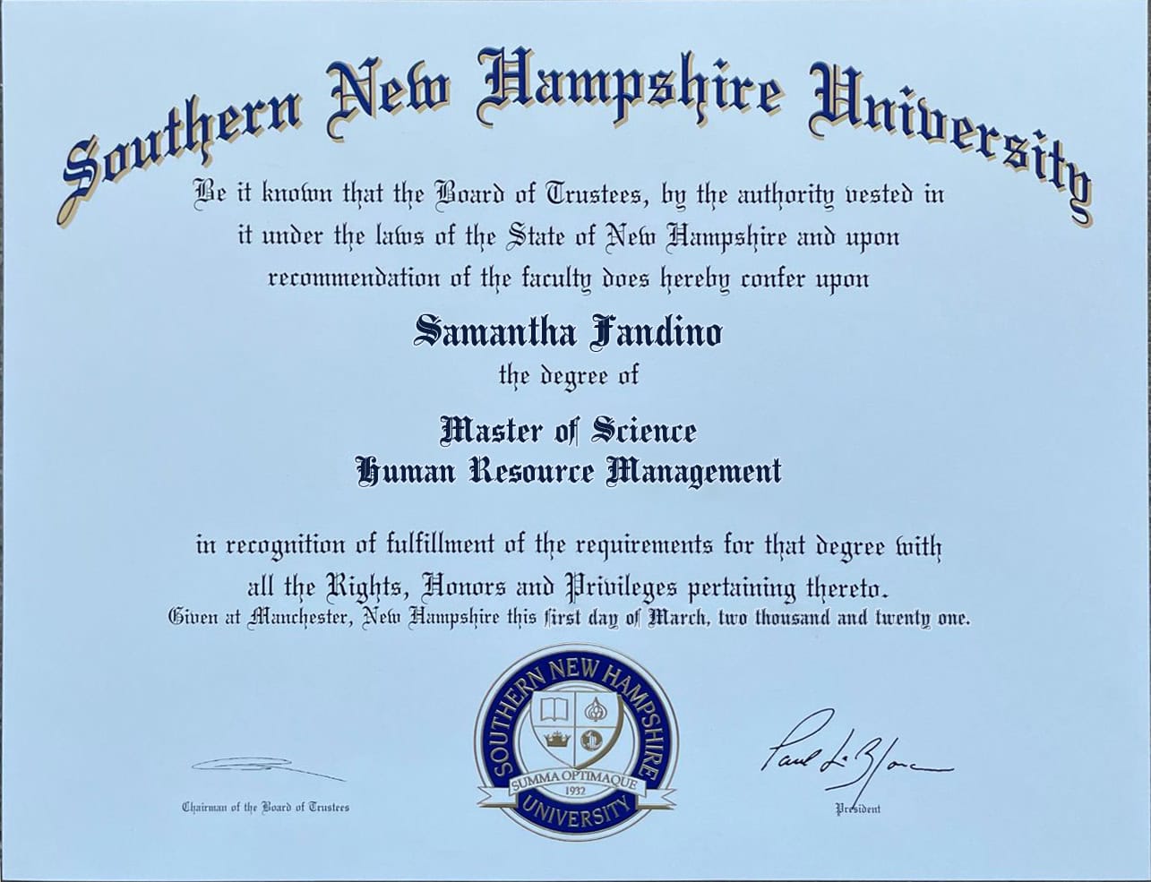 Authentic-Looking Fake certificate from Southern New Hampshire University