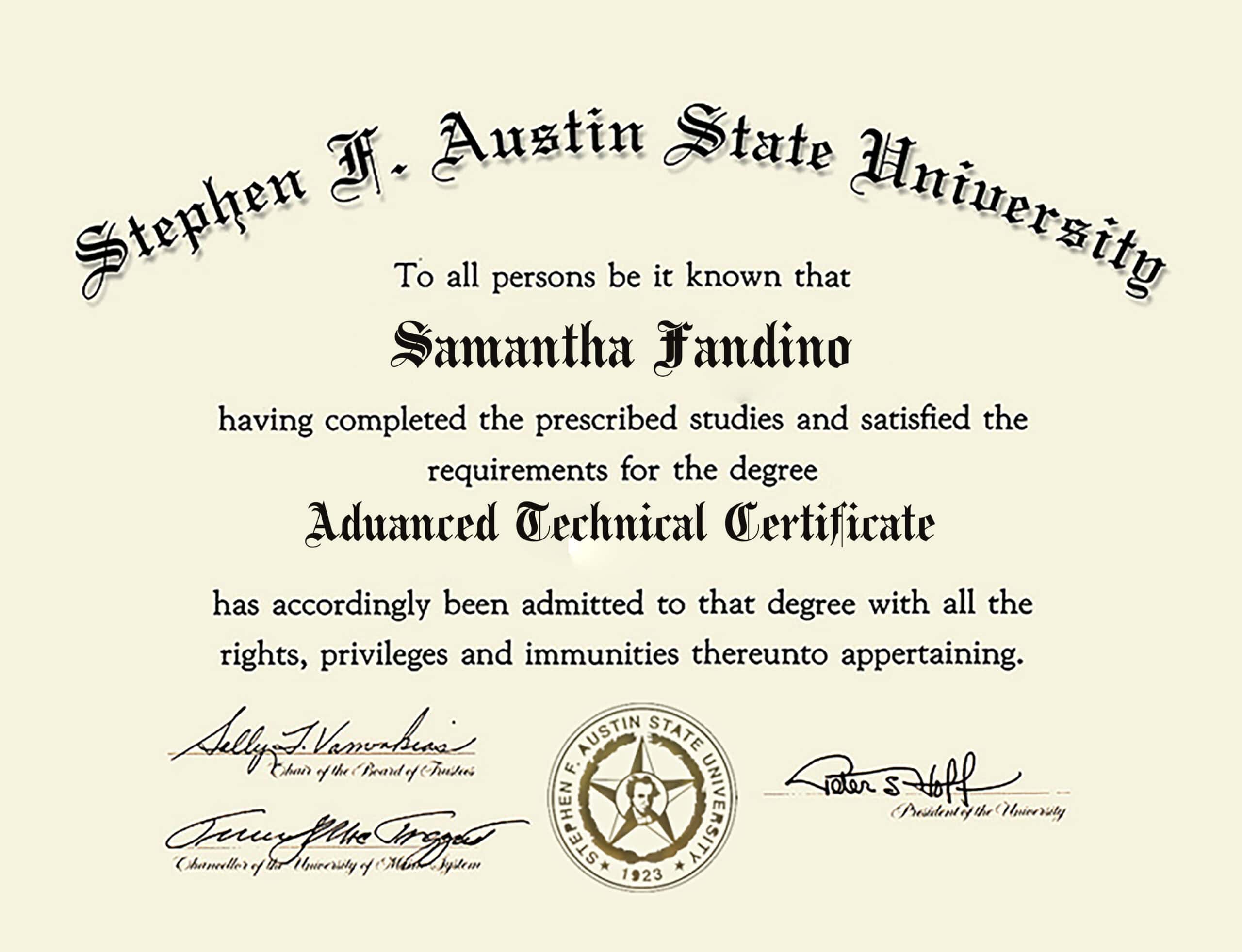 Authentic-Looking Fake certificate from Stephen F. Austin State University Authentic-Looking Fake certificate from Stephen F. Austin State University