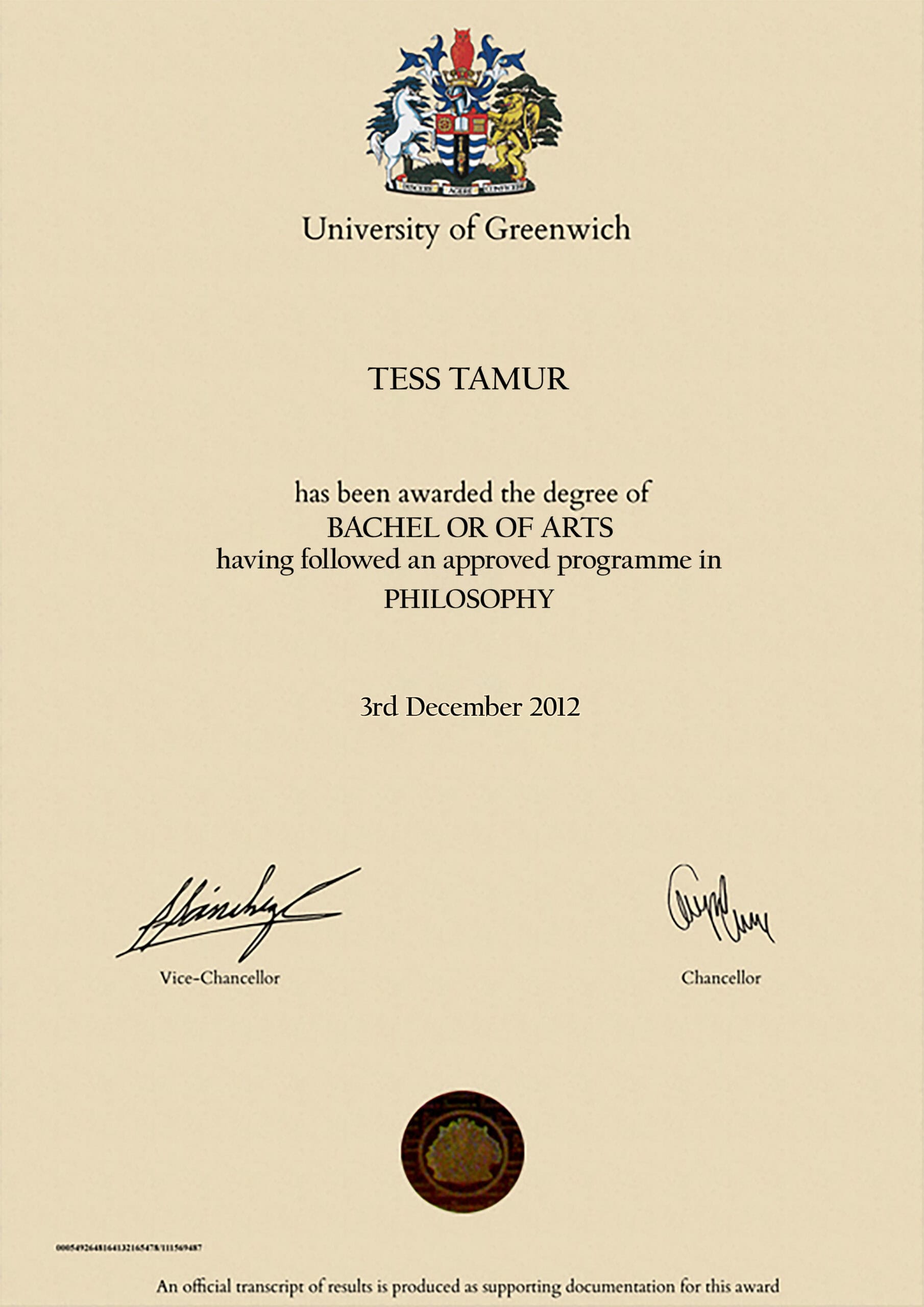 Authentic-Looking Fake certificate from University Of Greenwich