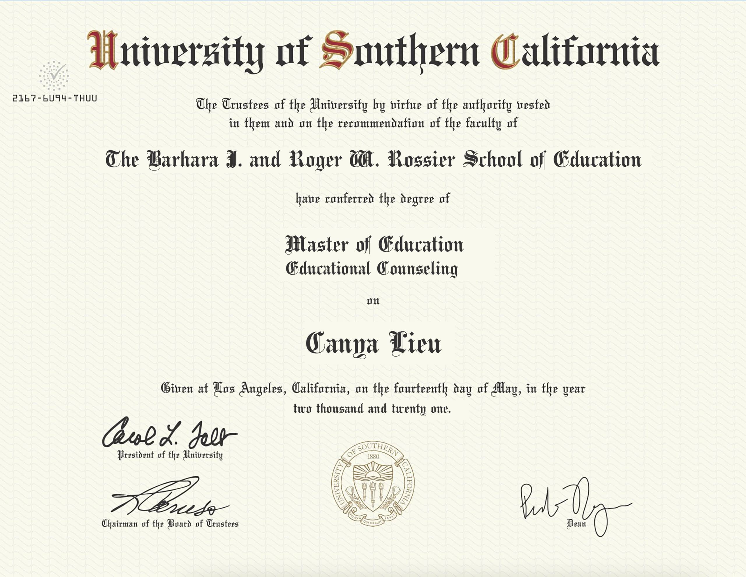 Authentic-Looking Fake certificate from University Of Southern California Authentic-Looking Fake certificate from University Of Southern California
