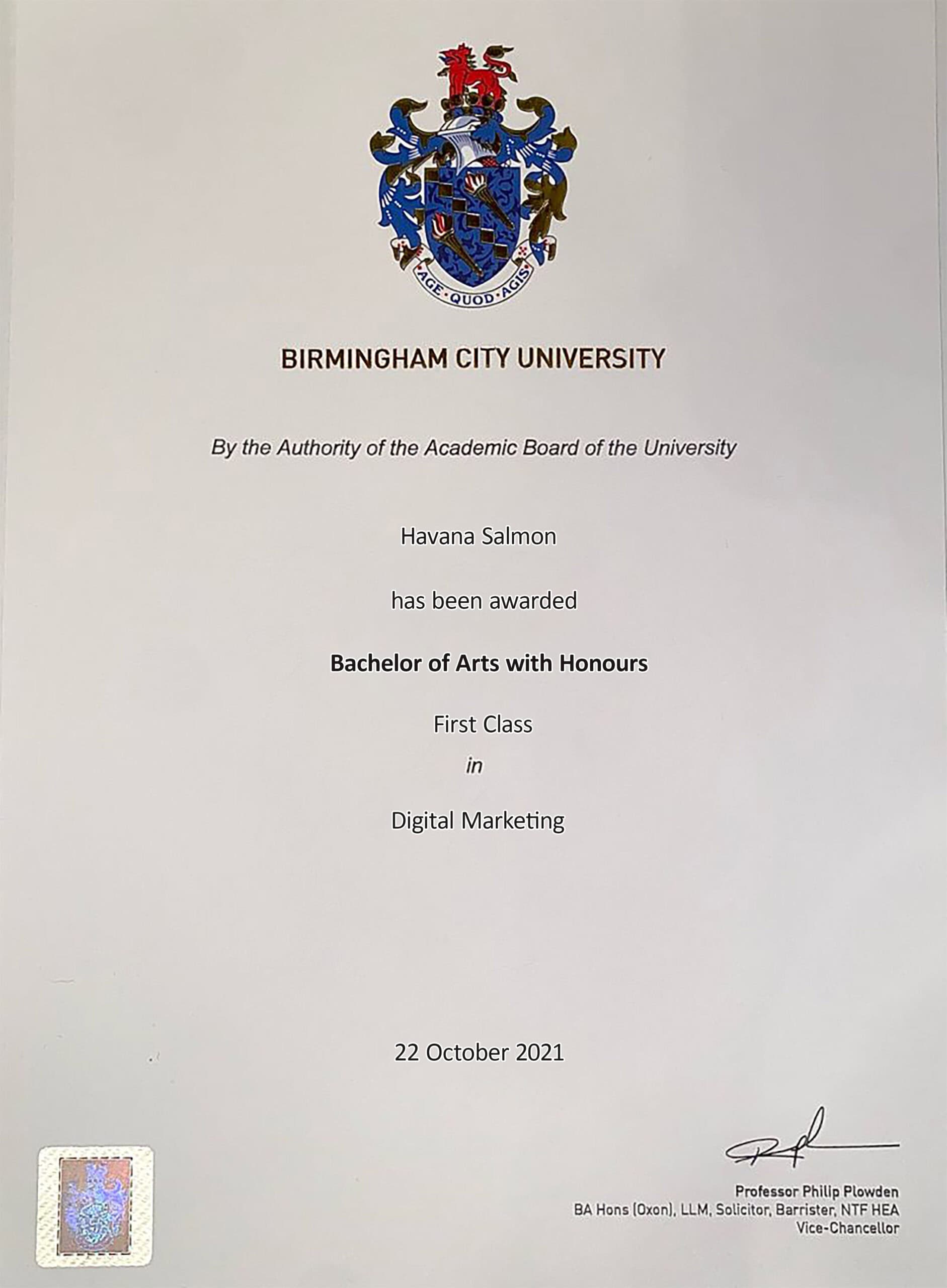Authentic-Looking Fake certificate from Birmingham City University Authentic-Looking Fake certificate from Birmingham City University
