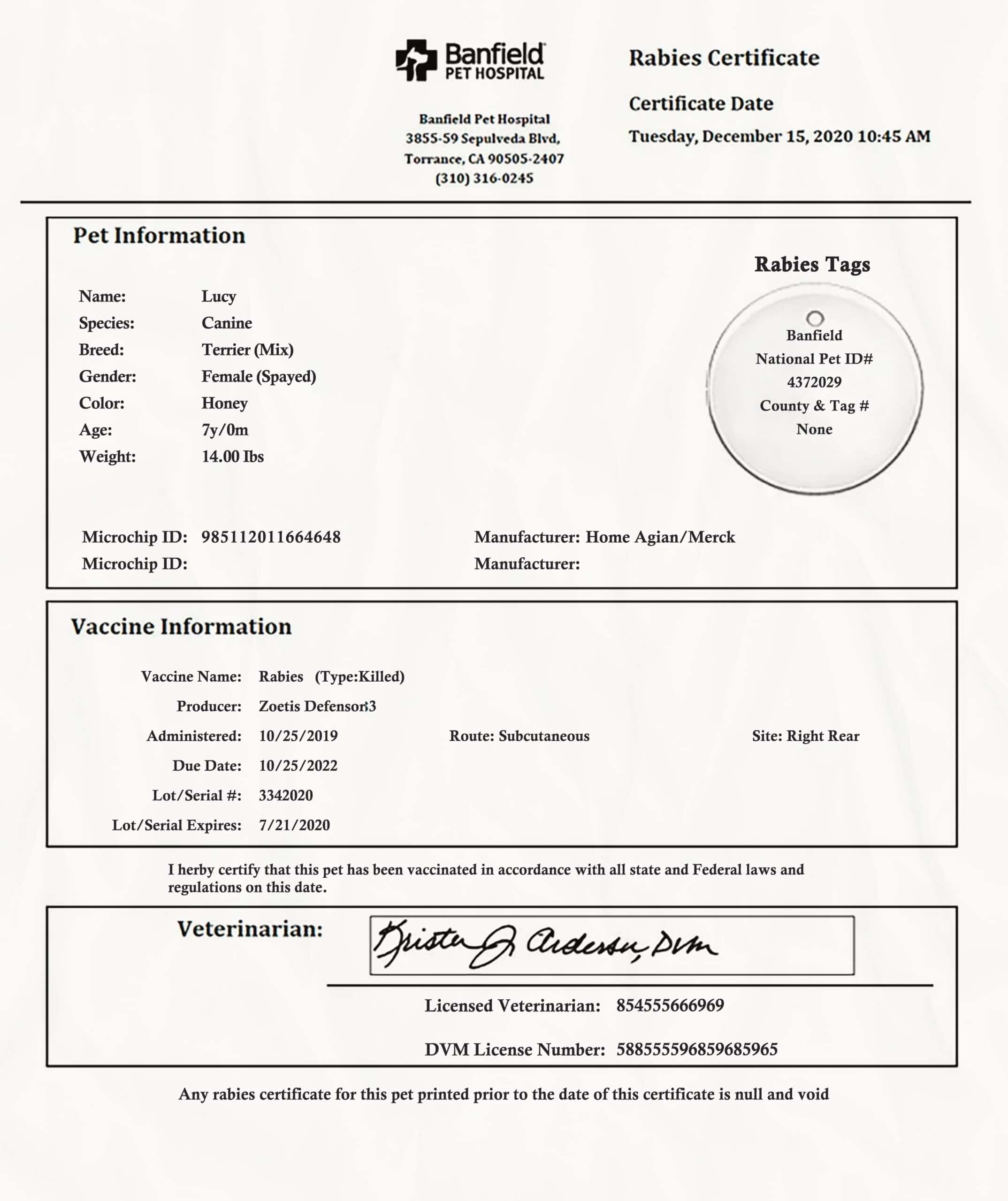 Buy banfield pet hospital Rabies Certificate Template