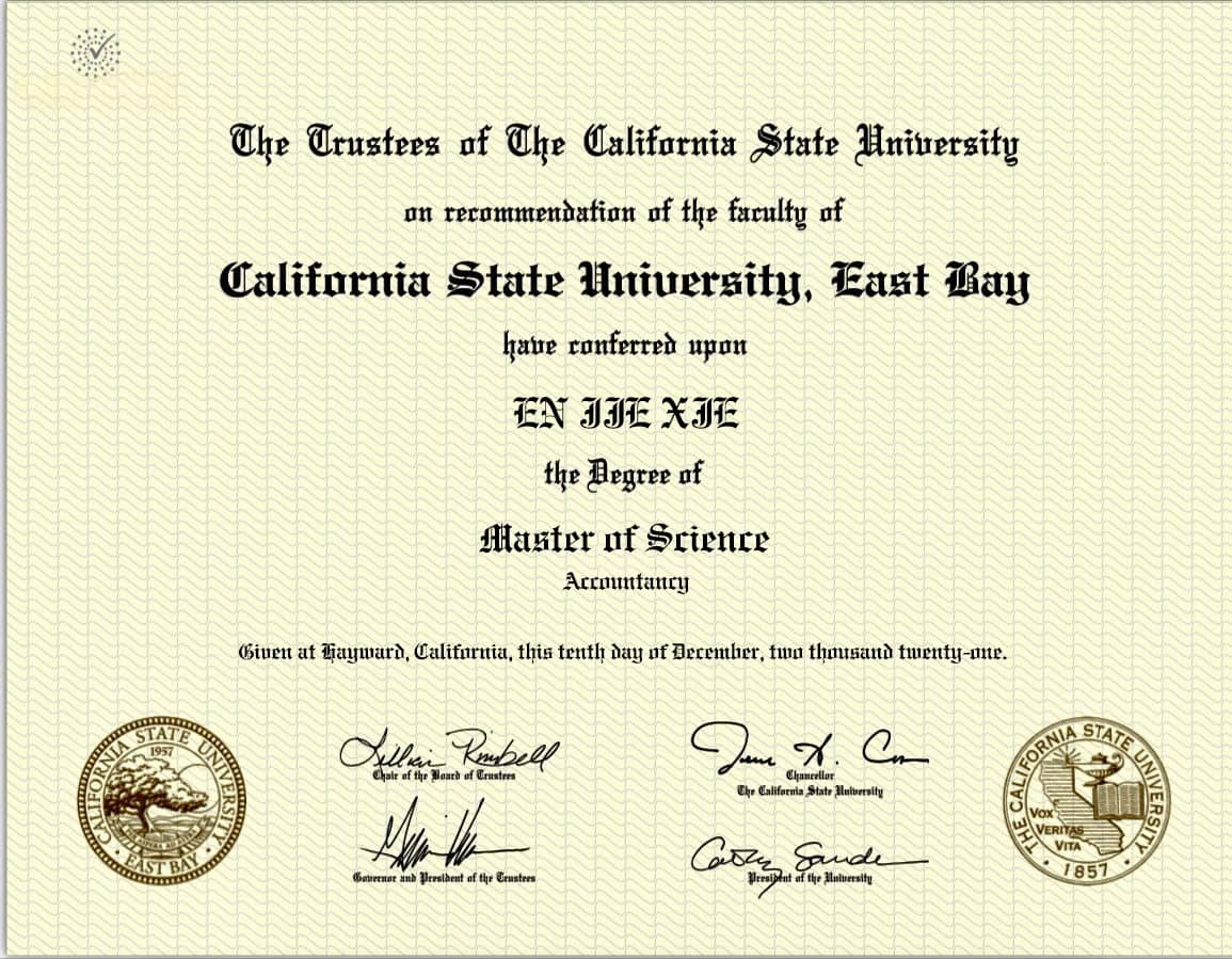 Authentic-Looking Fake certificate from CSU East Bay University Authentic-Looking Fake certificate from CSU East Bay University