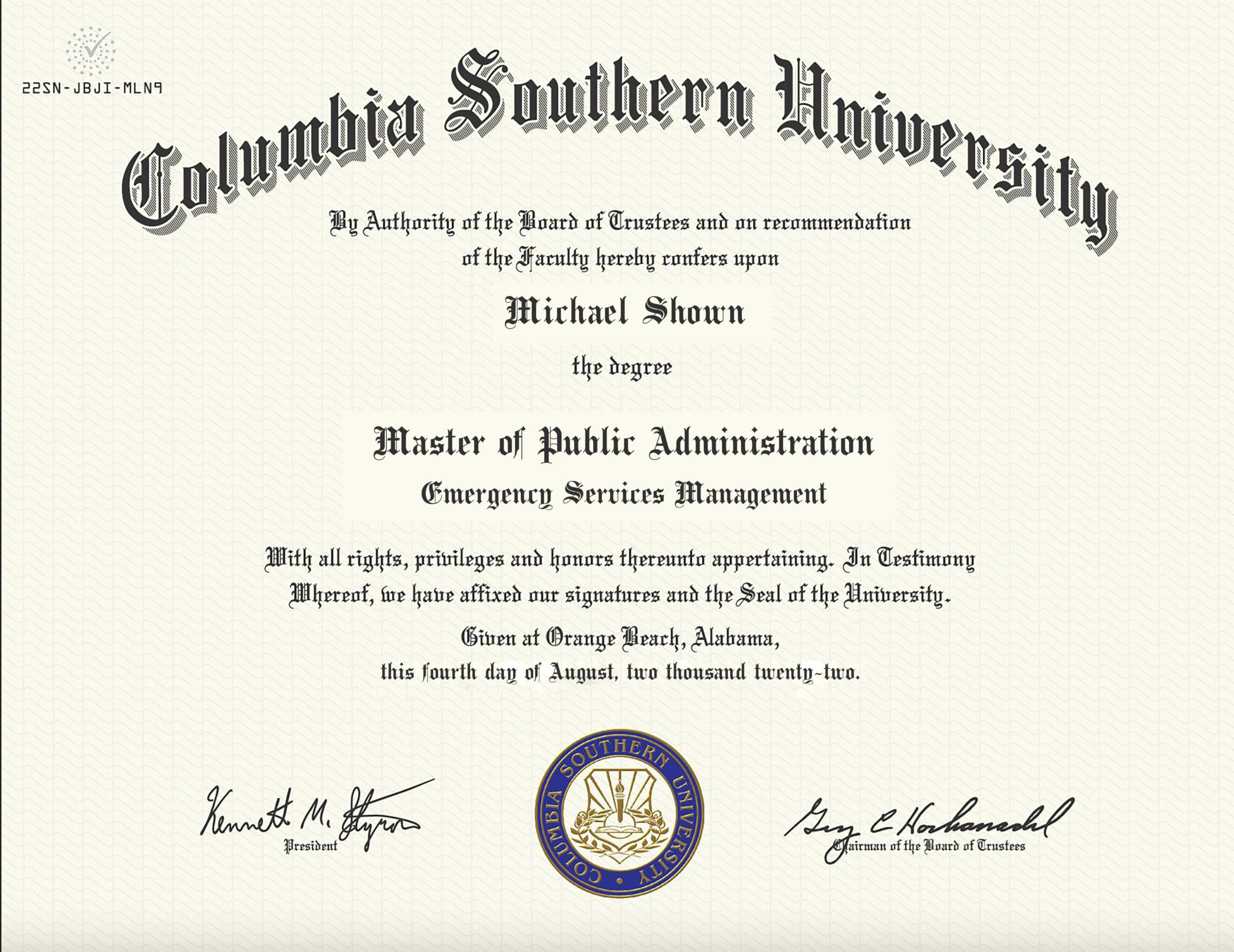 Columbia Southern Authentic-Looking Fake Diplomas from Columbia Southern University