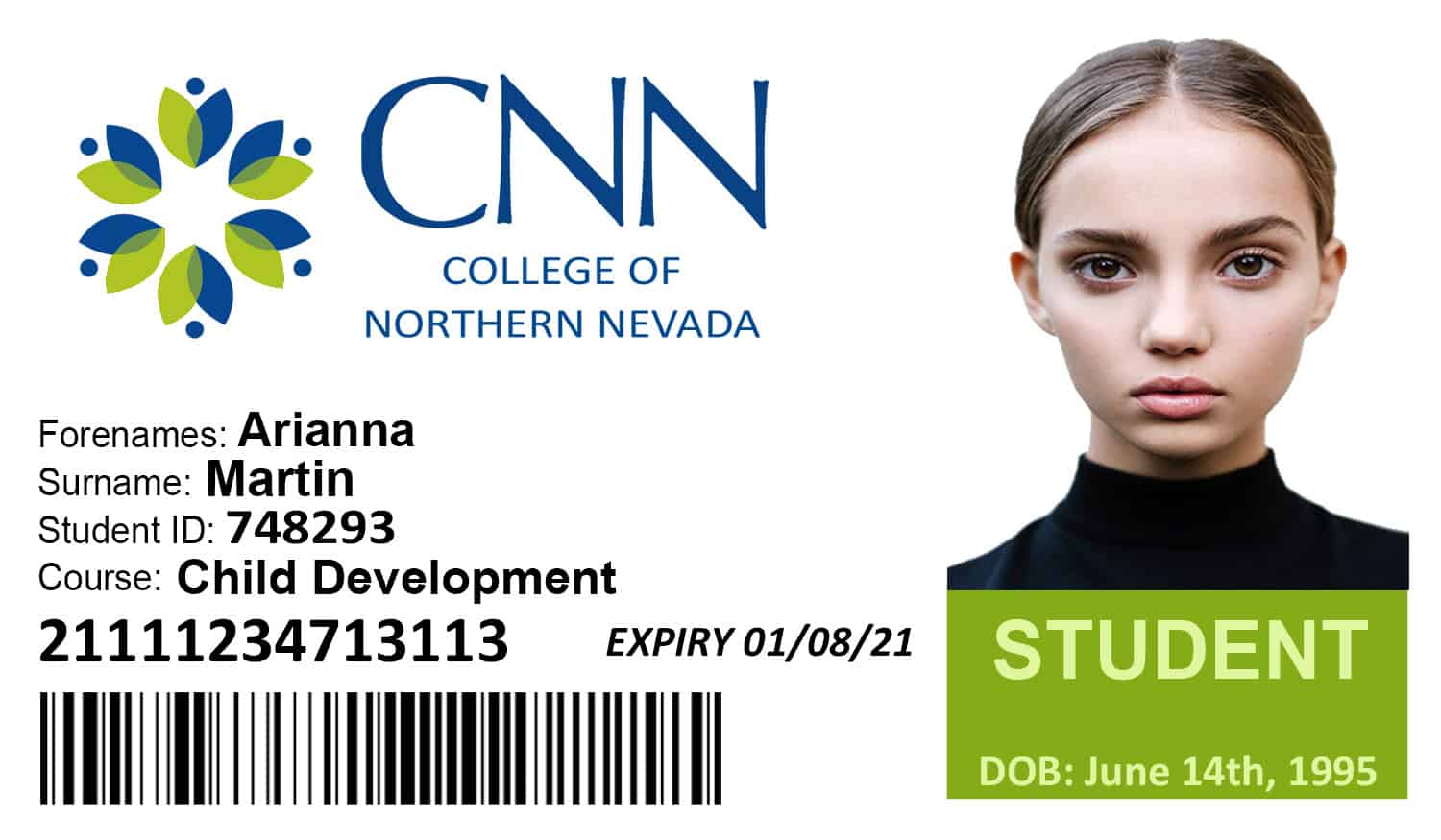 Create CNN college NEVADA Student ID Cards with Fillable PSD Templates