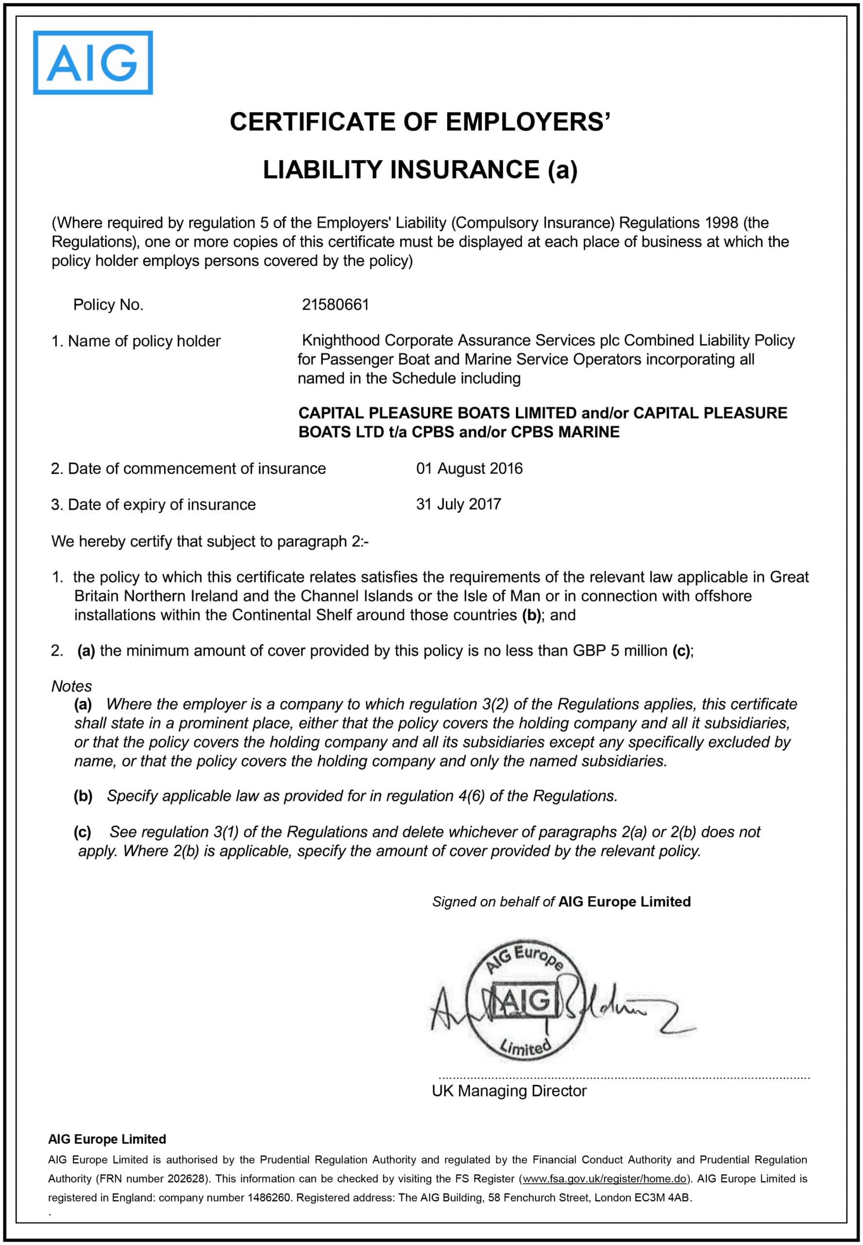 Customizable Fake Proof of AIG employer liability Insurance
