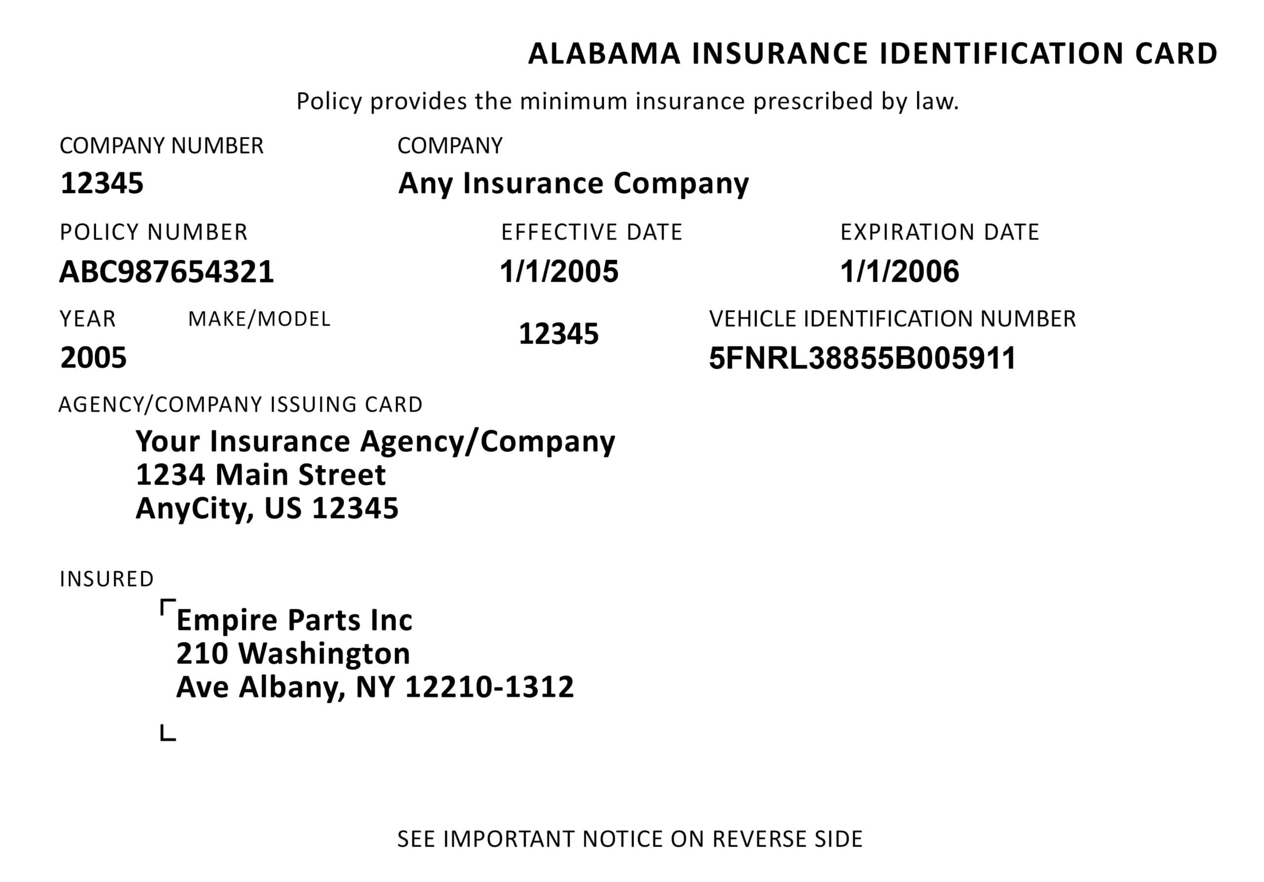 Customizable Fake Proof of ALABAMA Car Insurance