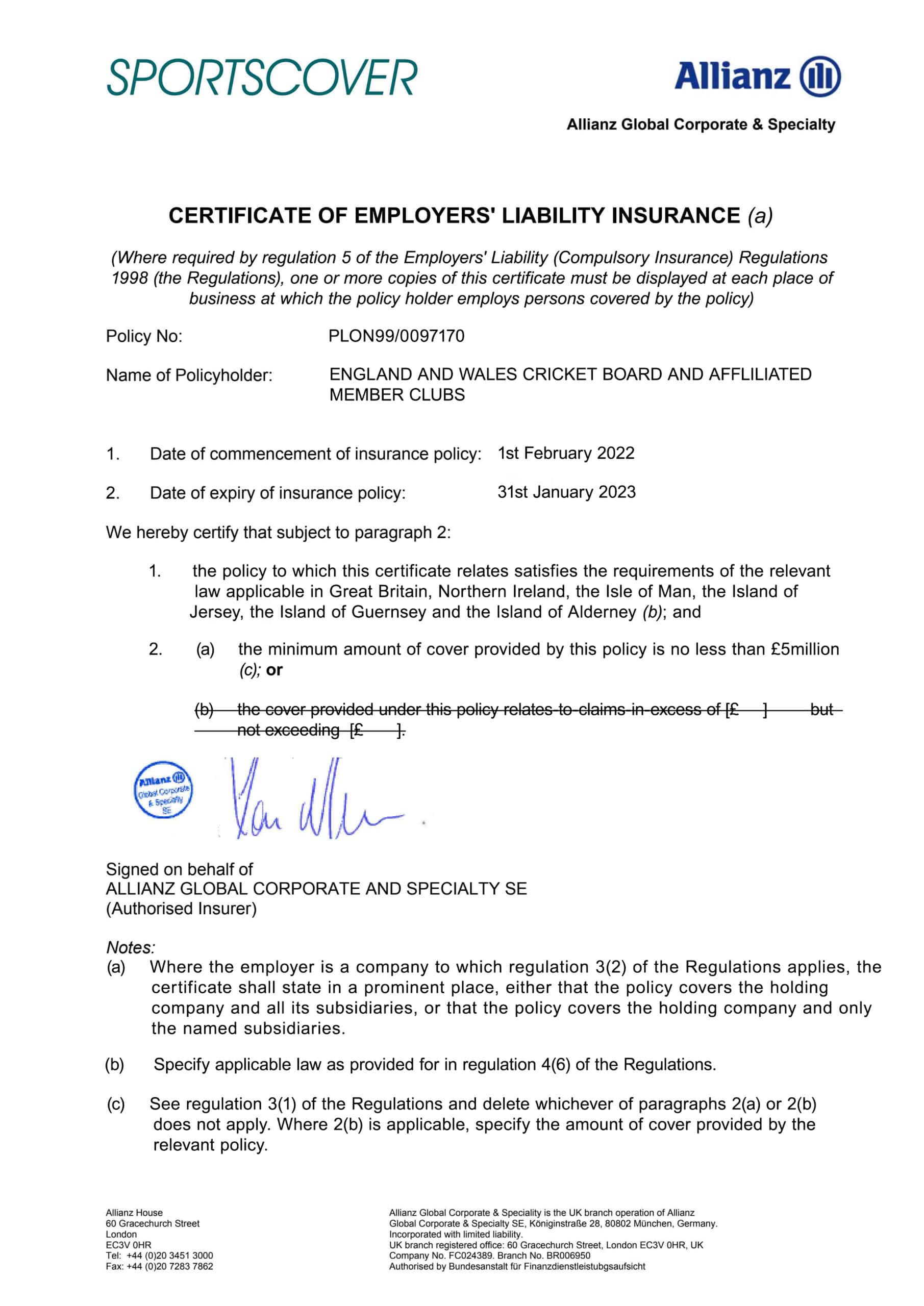 Customizable Fake Proof of Allianz employer liability Insurance