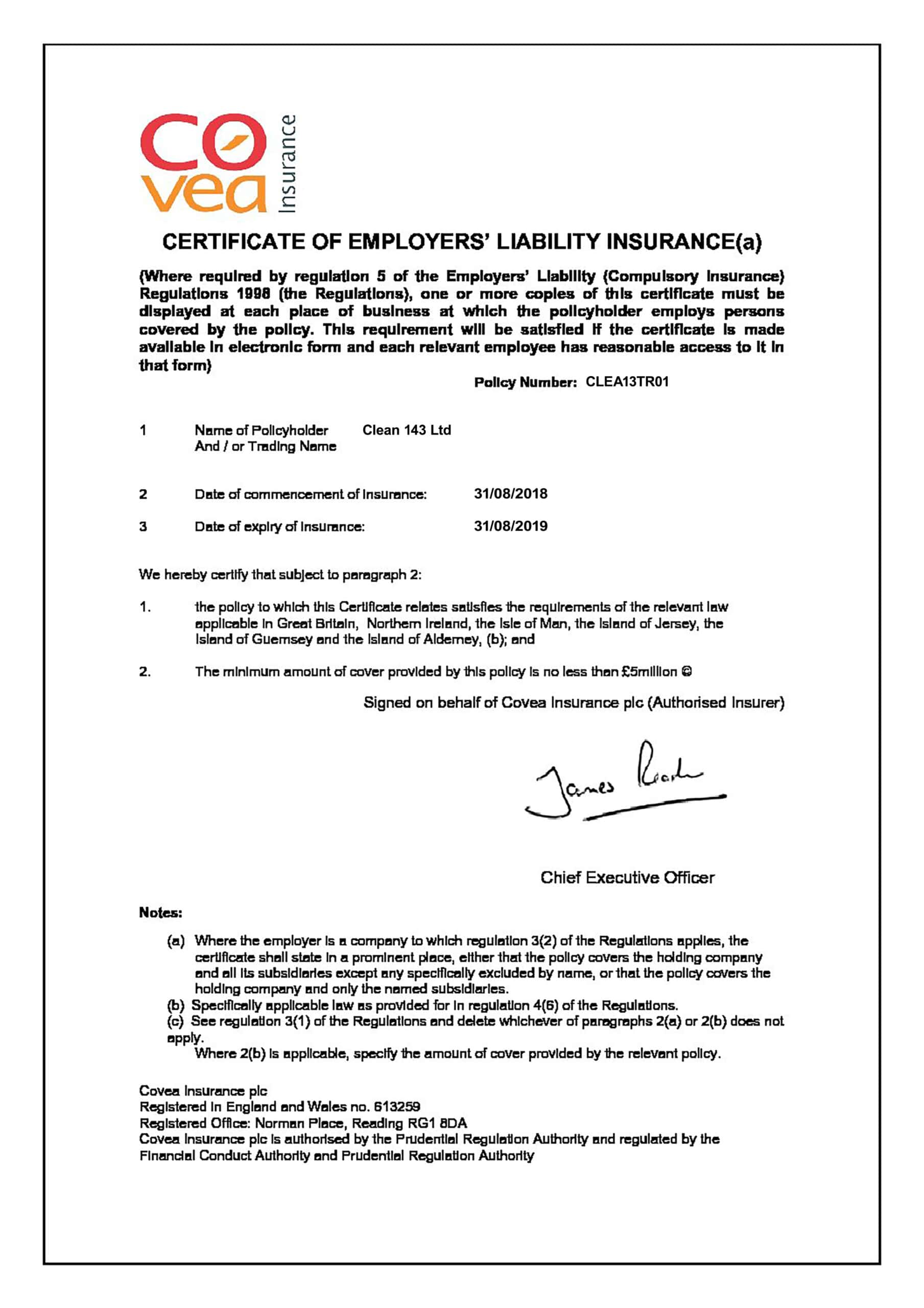 Customizable Fake Proof of Covea employer liability Insurance