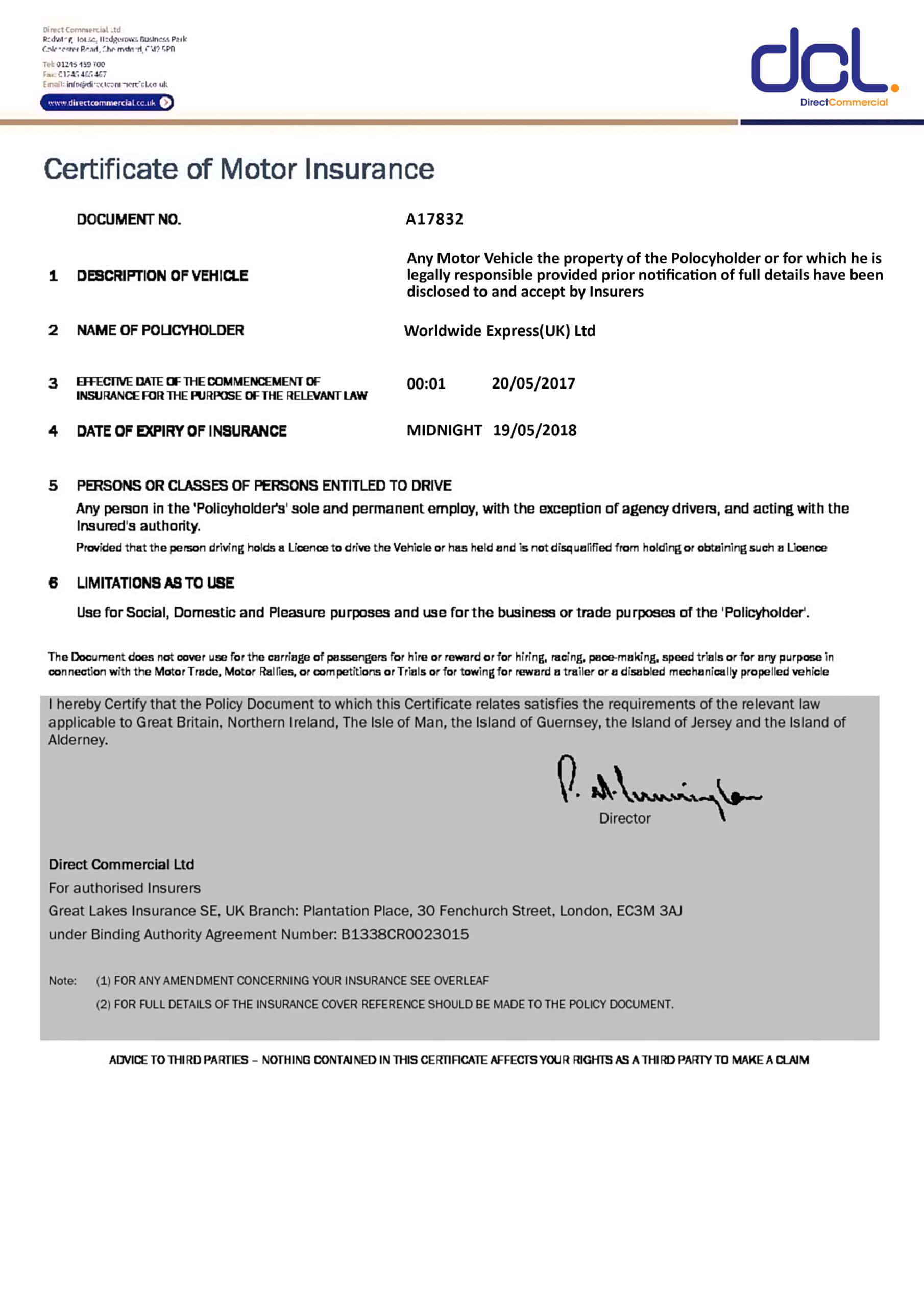 Customizable Fake Proof of Direct Commerical Motor Insurance