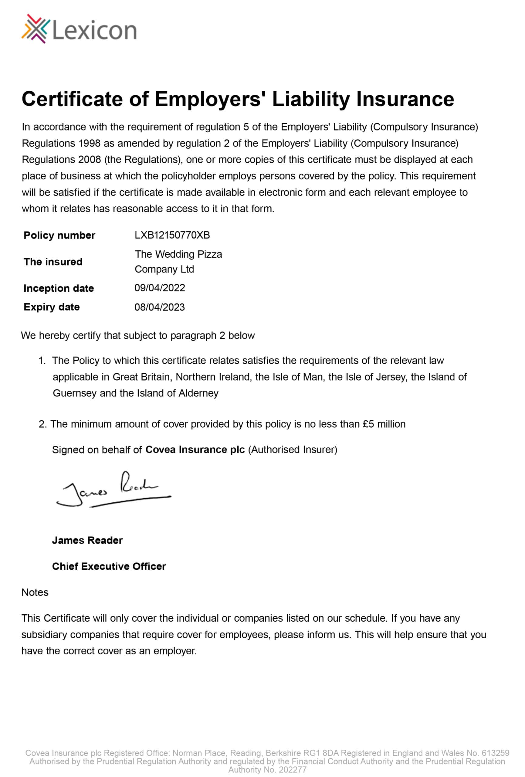 Customizable Fake Proof of Lexicon employer liability Insurance
