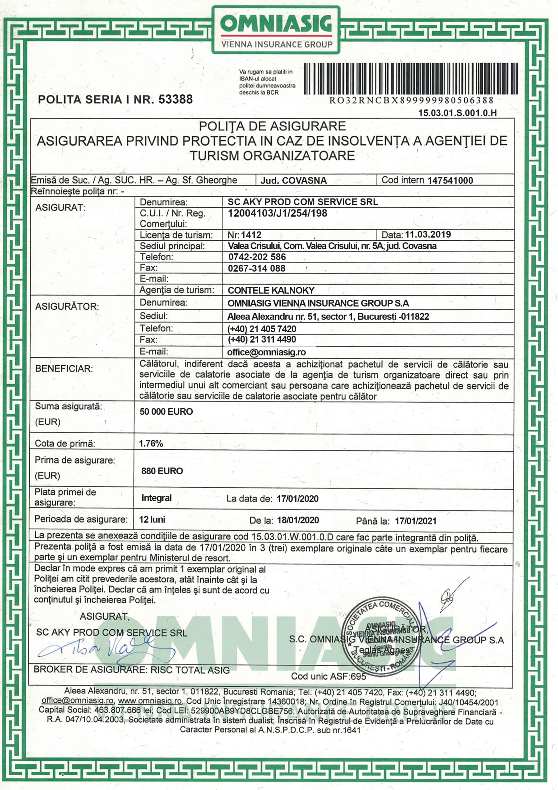  Proof of Omniasig Romania Bankruptcy Insurance
